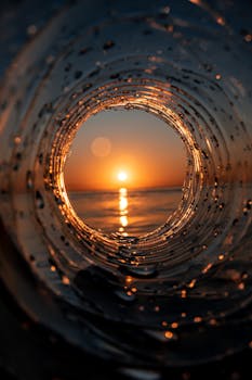Artistic capture of sunset viewed through a watery pipe lens with abstract reflections.